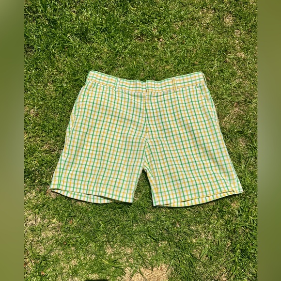 70s Vintage Yellow White and Green Plaid Shorts